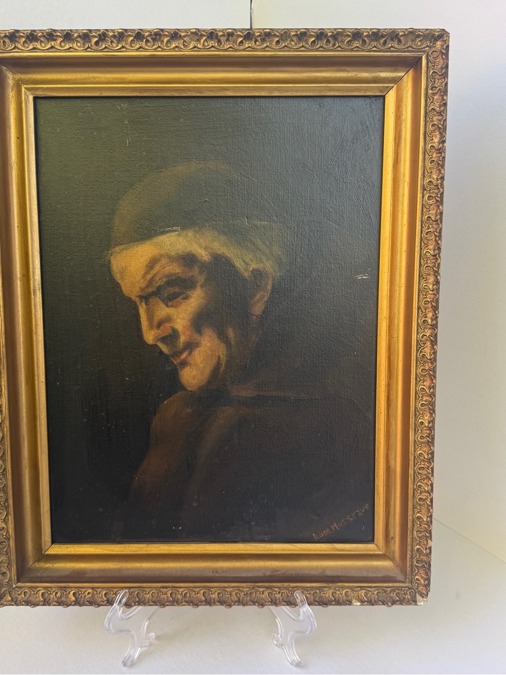 Moody Dark Antique Monk Portrait Oil Painting Gothic 1900-1940 Ornate Gold Frame